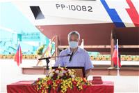 圖說：台船公司承造海洋委員會海巡署艦隊分署100噸級巡防救難艇HNO.1151下水典禮海巡署艦隊分署警監秘書吳瑞祥致詞